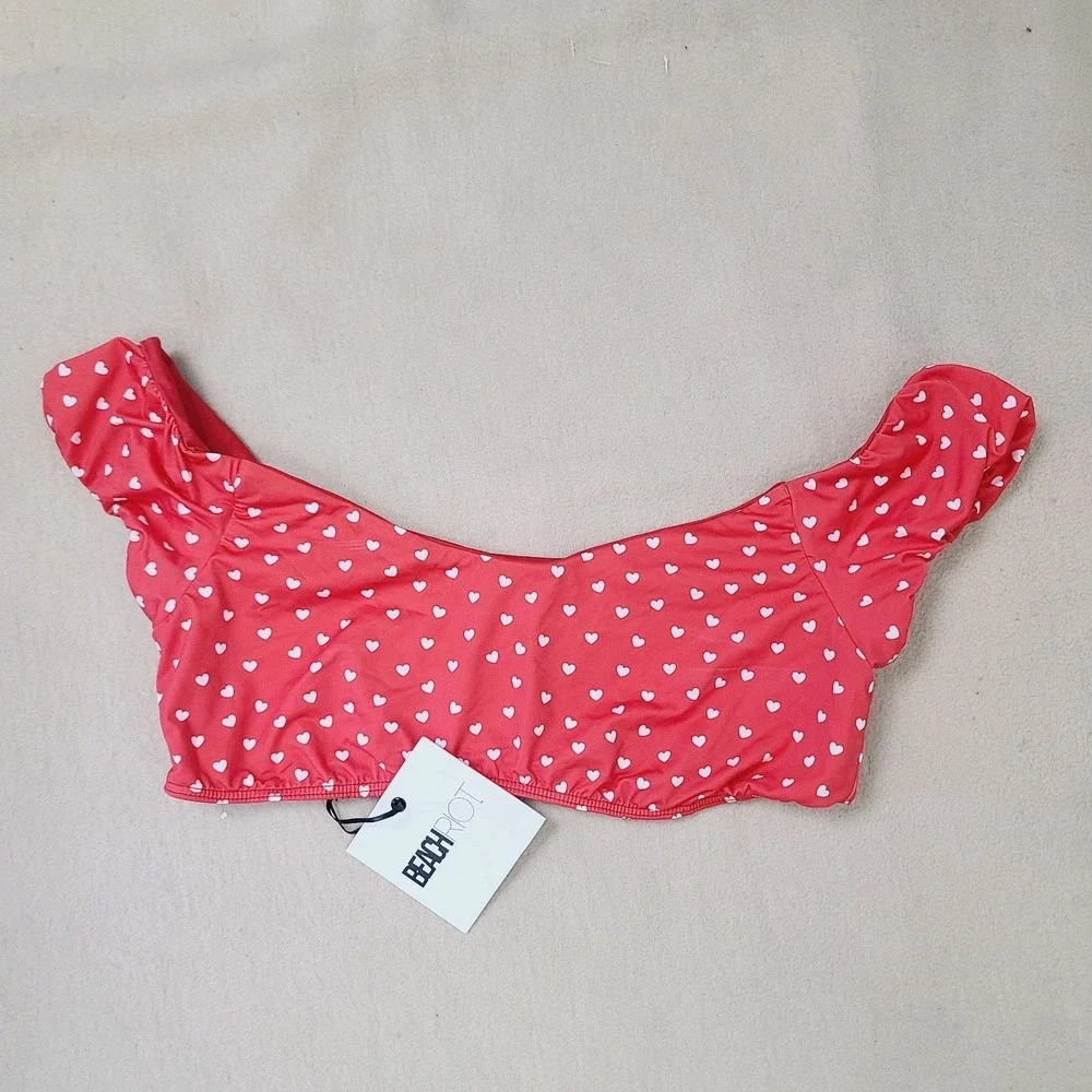 NEW Beach Riot Bikini‎ Top L Red White Hearts Off Shoulder Swim Top Retro Y2K